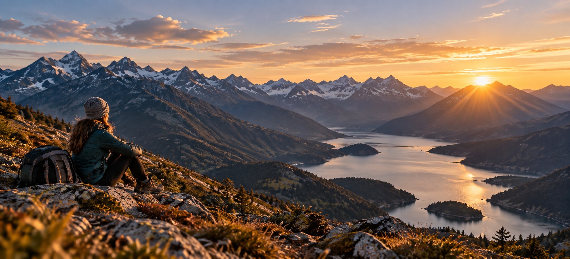 A woman overlooking a mountain lake at sunset